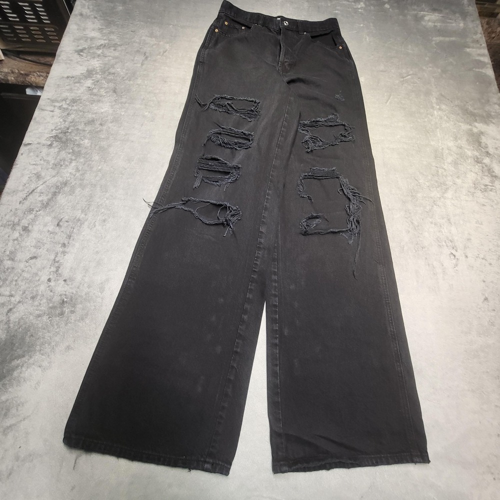 PacSun Jeans Womens 25 Black Baggy Wide-Leg Distressed Button Fly